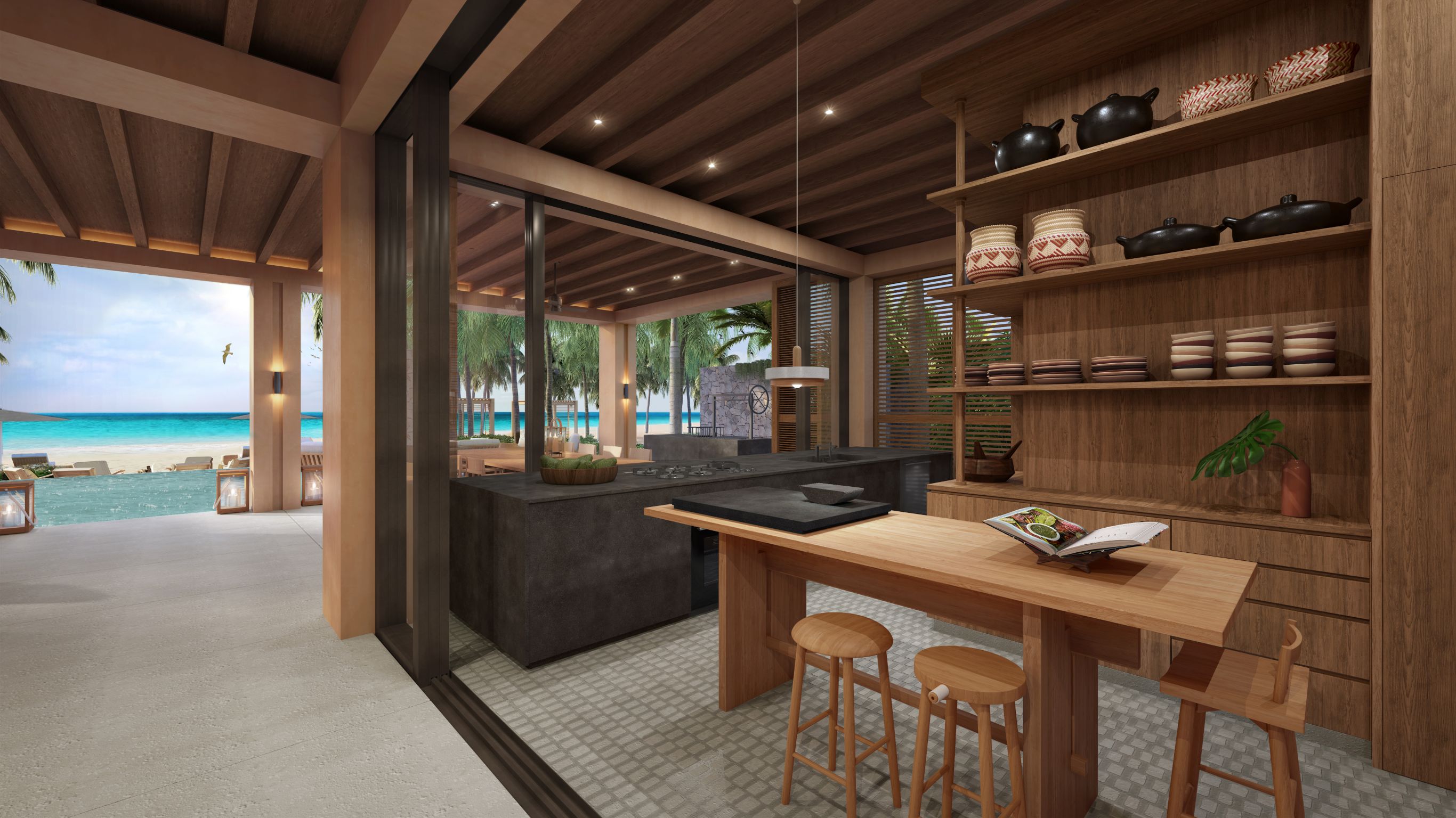 Beachfront Villa_Rendering_full kitchen with open air concept and views out to terrace and ocean